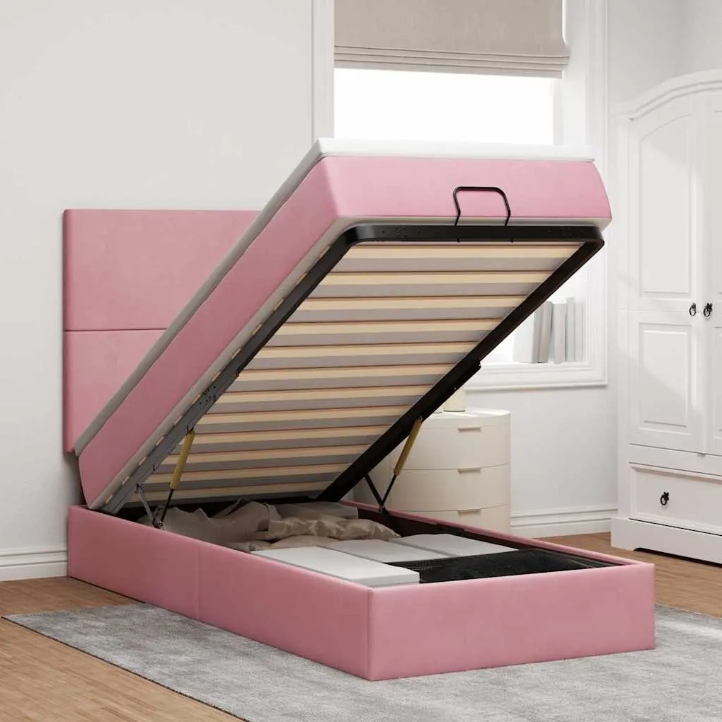 Struttura Letto Pouf Con Materassi Rosa 90x190 Cm İn Velluto /
