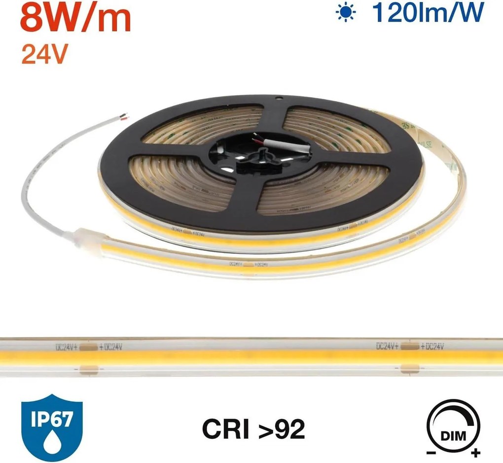 Striscia LED COB 8W/m 24VDC IP67 5m Professional Colore Bianco Freddo 5.700K