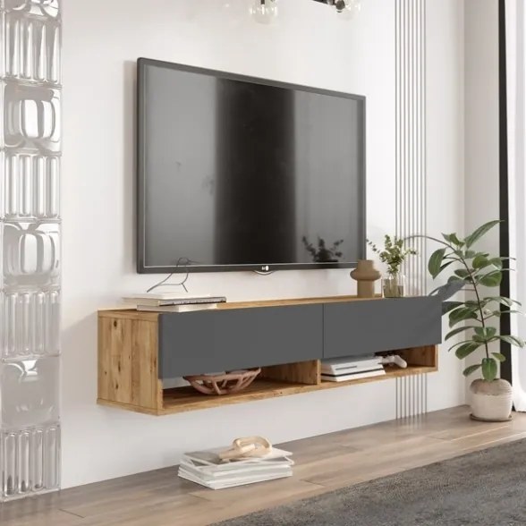 Mobile Tv Sospeso 140x32x30 Effetto Legno Rovere E Antracite Evolution
