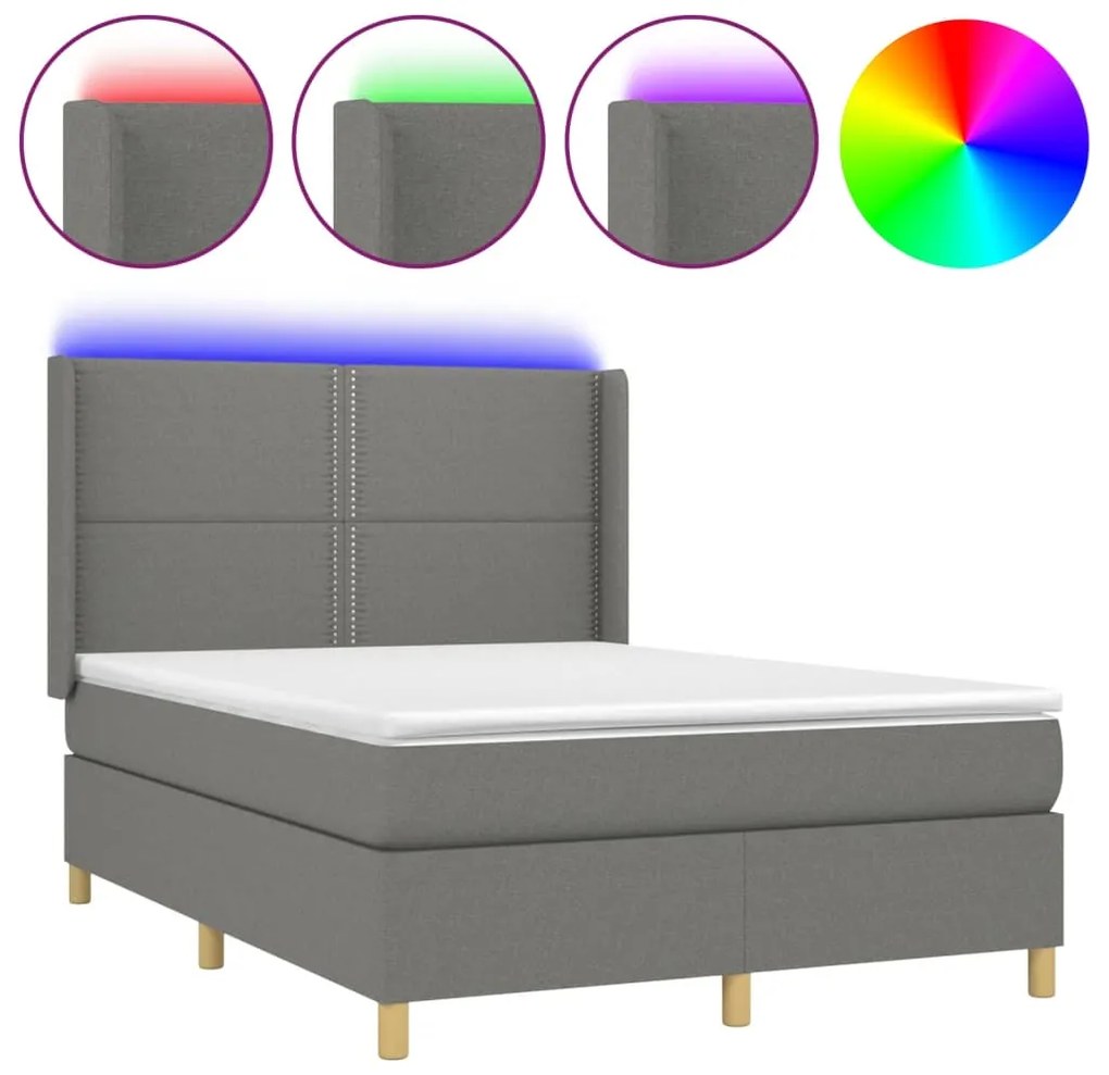 Letto a molle materasso e led grigio scuro 140x200cm in tessuto