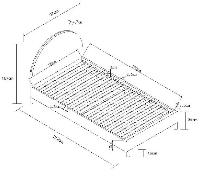 Letto singolo imbottito bianco con griglia 90x200 cm MOON - Vipack
