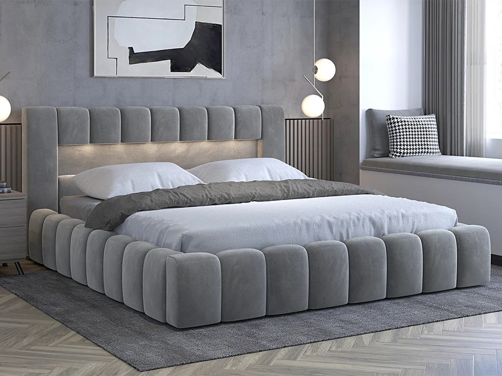 Letto matrimoniale con box contenitore Santander - 160 x 200 cm , Tessuto grigio