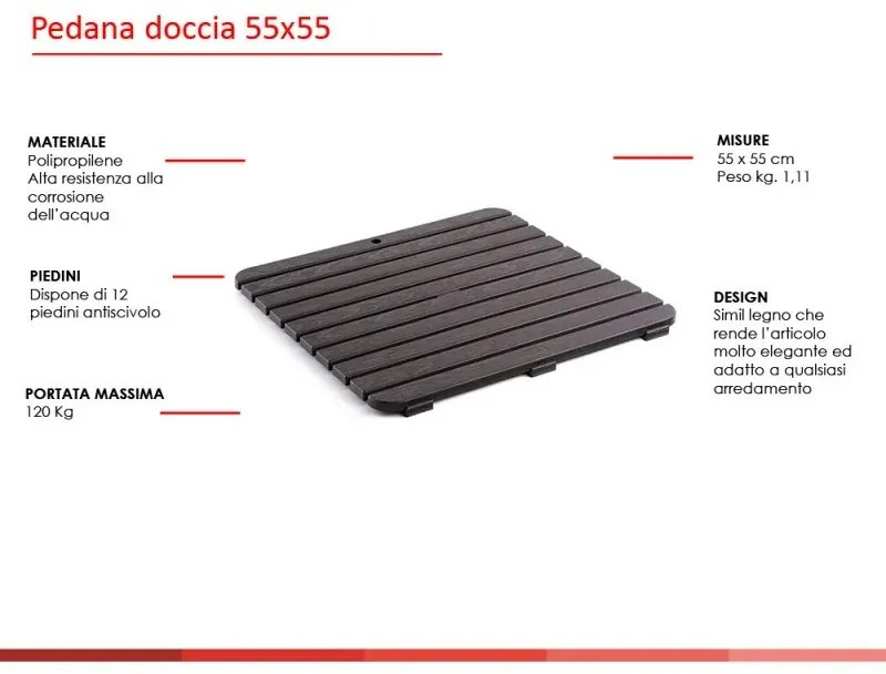 Pedana antiscivolo per doccia 55x55 cm in polipropilene con finitura marrone