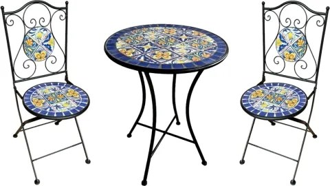 Set Bistrot Tavolo Mosaico Tondo 60 Cm Con 2 Sedie Pieghevoli Cannes