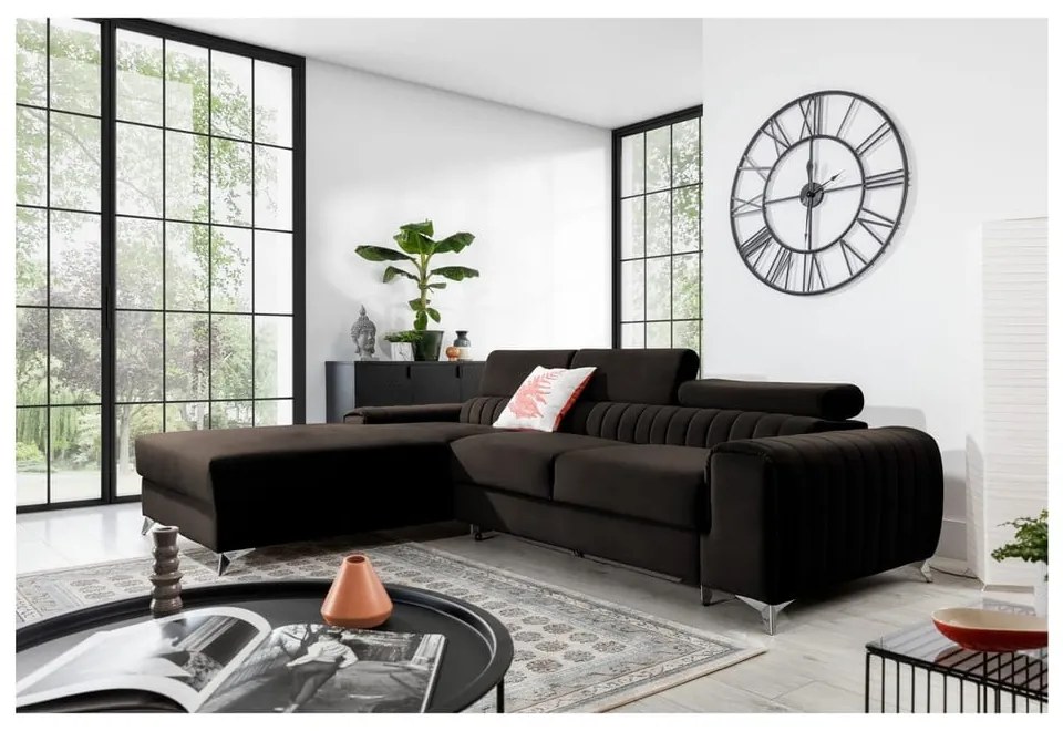 Divano angolare marrone scuro allungabile/con contenitore (con penisola a sinistra/con chaise lounge) e rivestimento in velluto Grayson – ELTAP