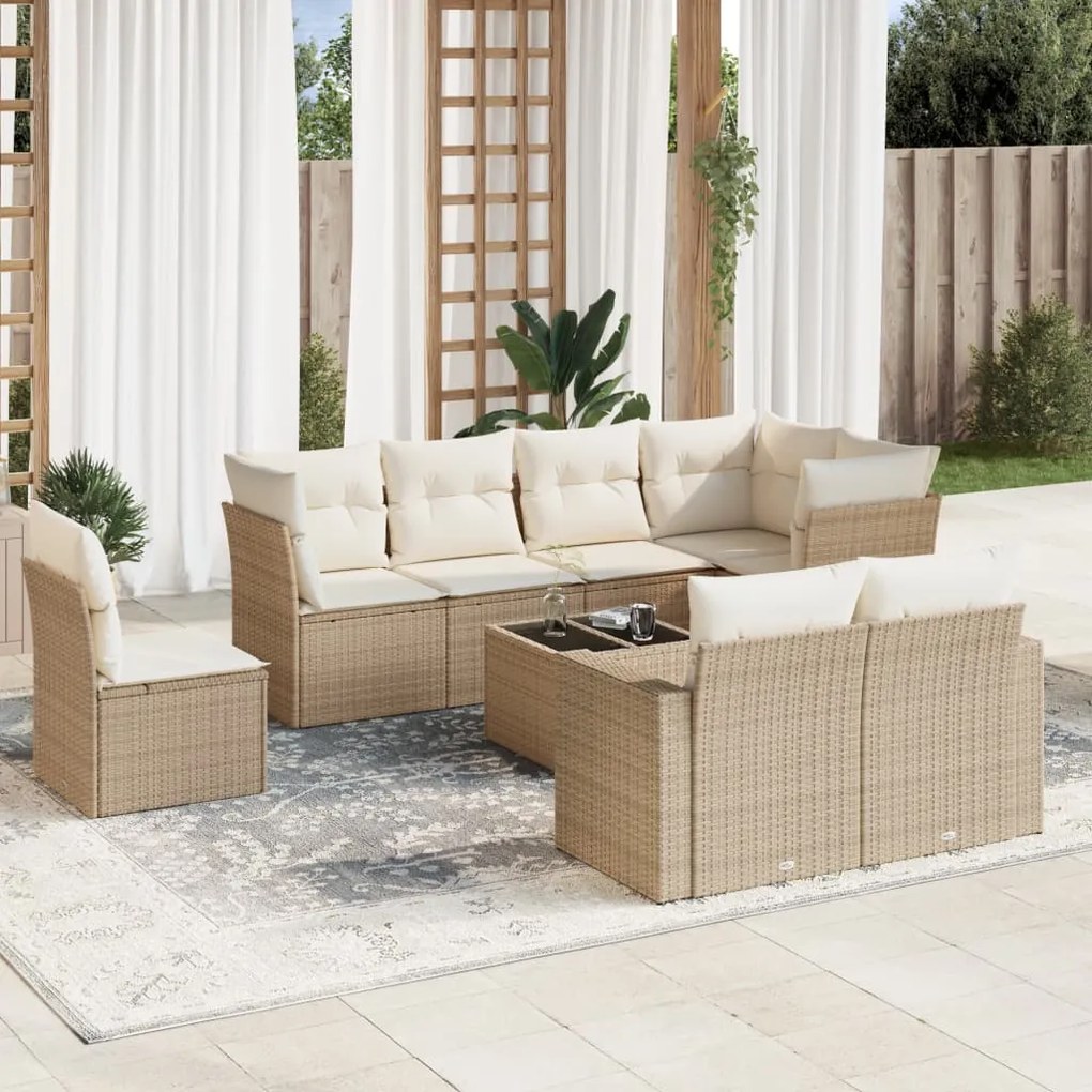 Set divano da giardino 9 pz con cuscini beige in polyrattan