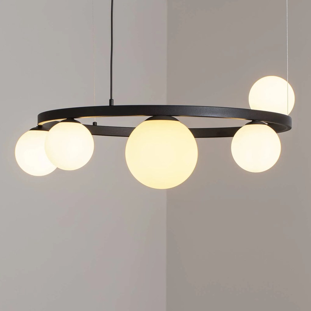 ALDEX Lampada a sospensione Garda 5, anello, metallo, vetro, a 5 luci, nero