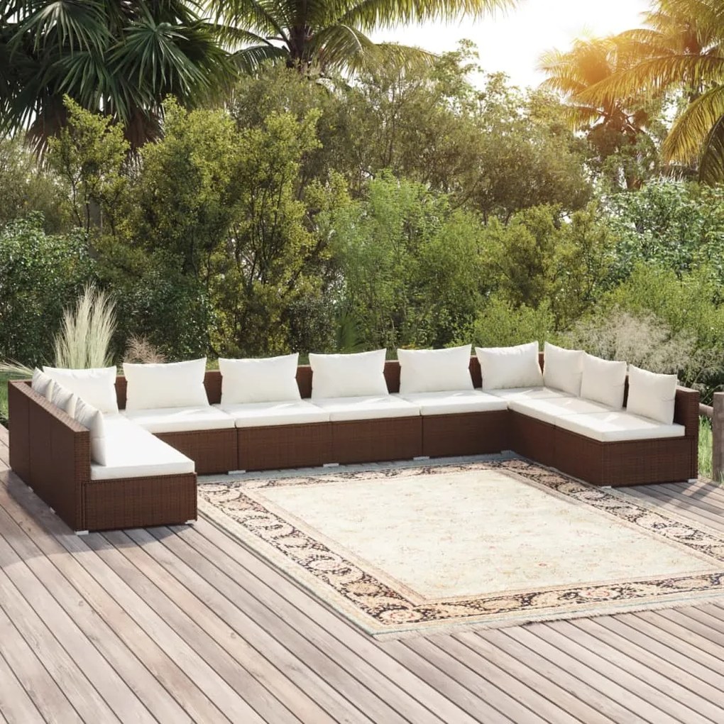 Set Divani da Giardino 10 pz con Cuscini in Polyrattan Marrone