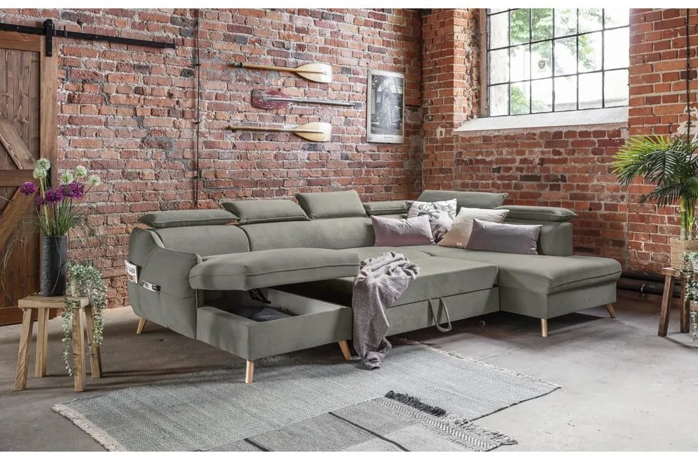 Divano letto angolare in velluto grigio chiaro a "U" (angolo destro) Sweet Harmony - Miuform