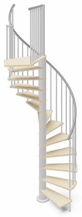 Scala a chiocciola a base tonda Cora IRIS, larghezza 138 cm, struttura in metallo bianco, gradini in legno faggio