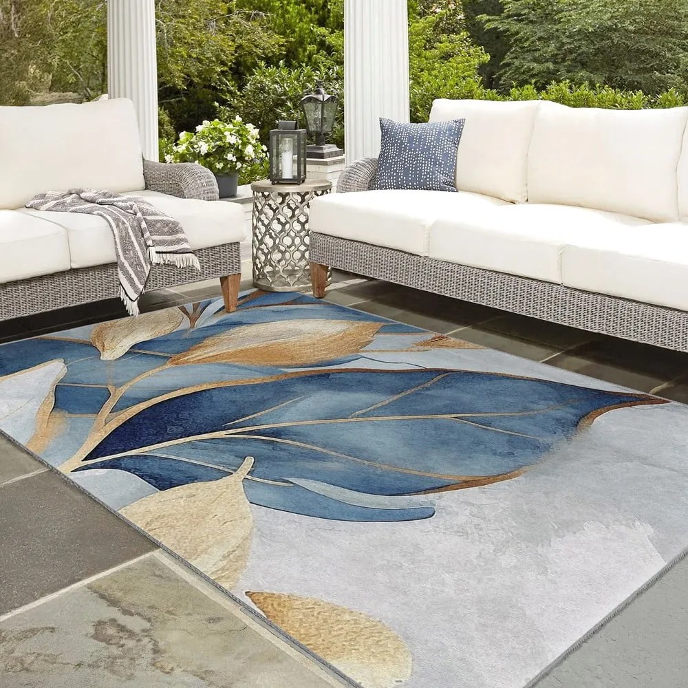 Tappeto blu/dorato lavabile 160x230 cm Golden Leaves – Mila Home
