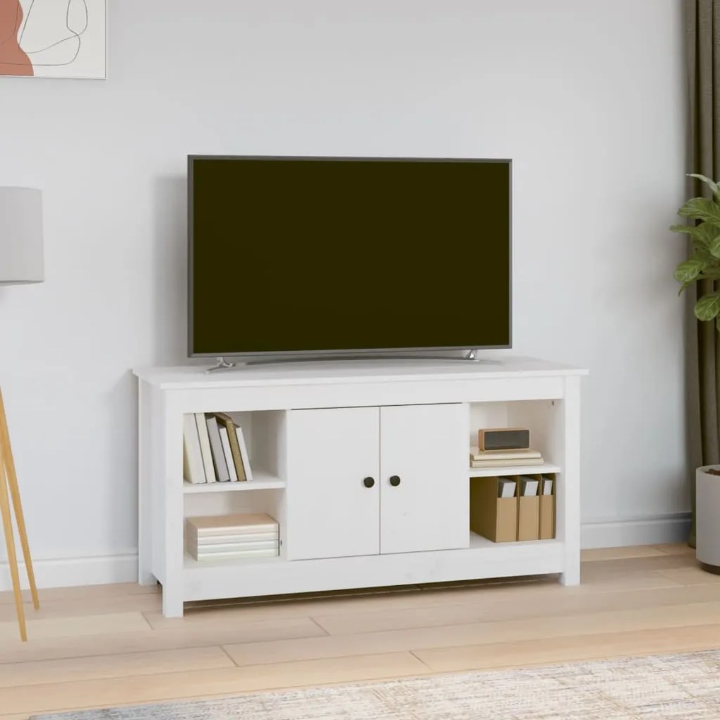 Mobile Porta Tv Bianco 103x36,5x52 Cm İn Legno Massello Di Pino /