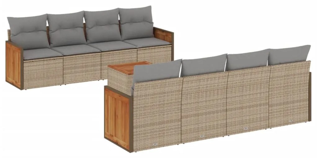 Set divano da giardino 9 pz con cuscini beige in polyrattan