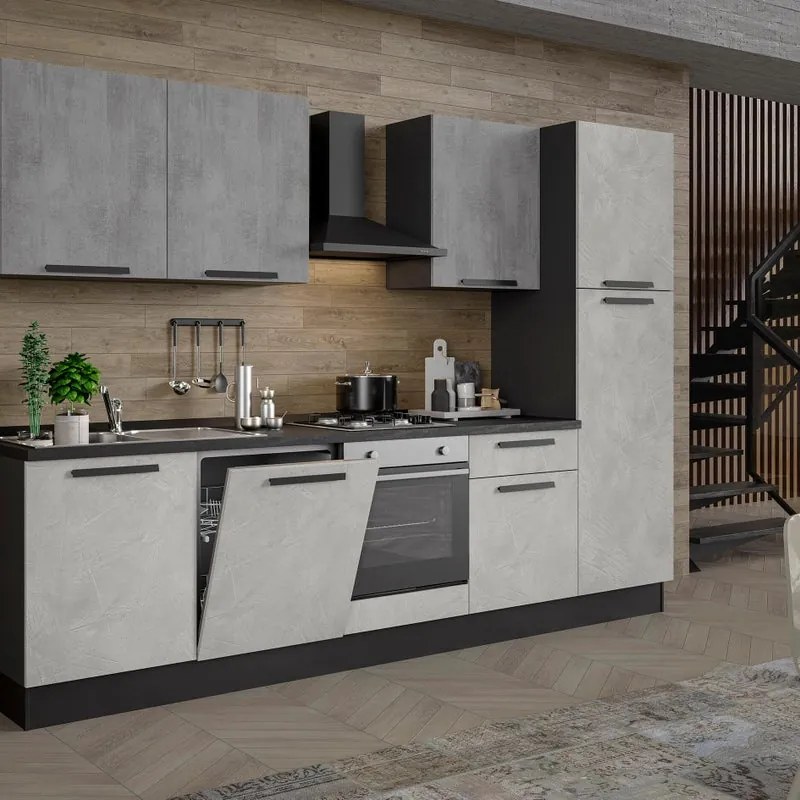 Cucina montata Dora bianco e grigio chiaro, lavello a sinistra, L 300 cm, completa di: cappa a camino, piano cottura a gas, forno, frigorifero e lavastoviglie