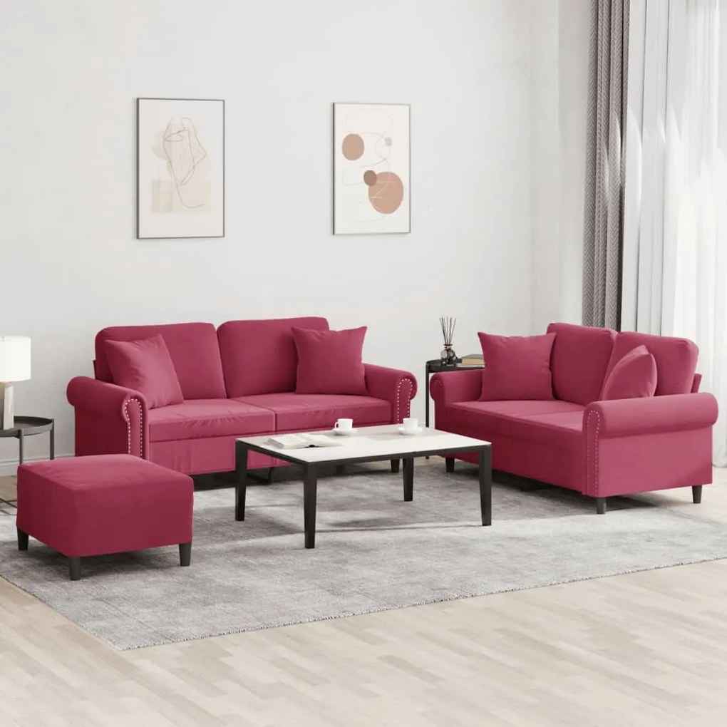 Set Di Divani 3 Pz Con Cuscini Rosso Vino İn Velluto /
