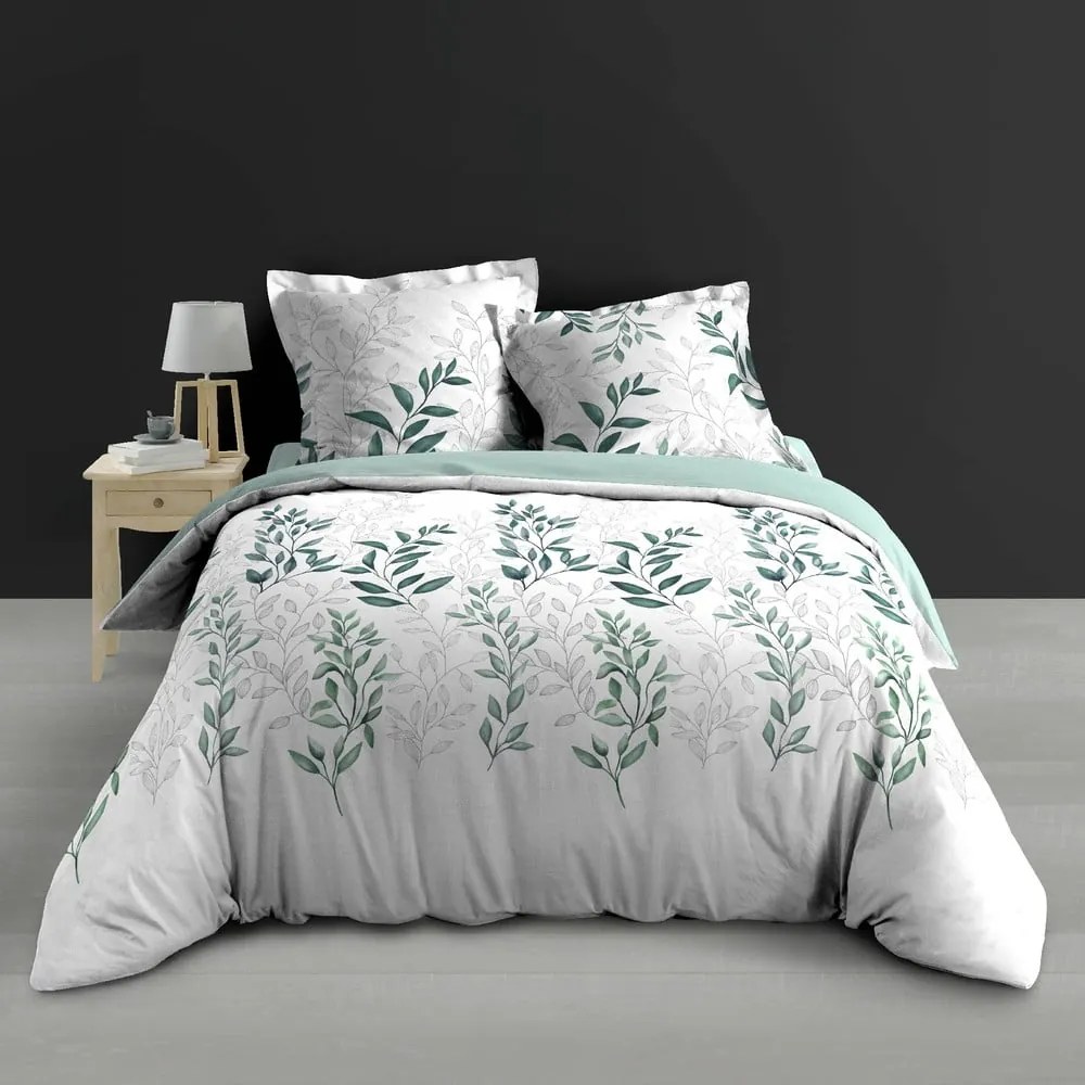 Set copripiumino e federa bianco/verde in percalle di cotone per letto matrimoniale ed esteso 240x220 cm Wendy – douceur d'intérieur