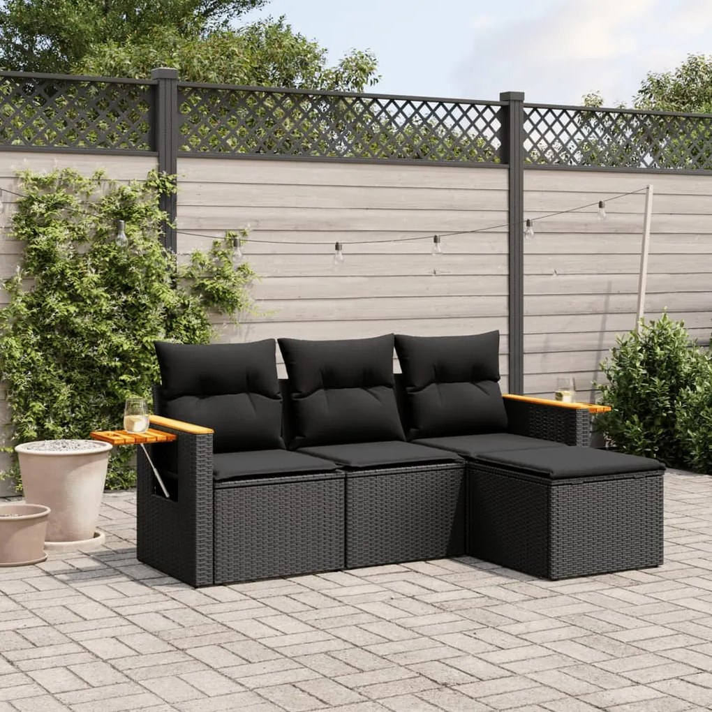 Set divani da giardino 4 pz con cuscini nero in polyrattan