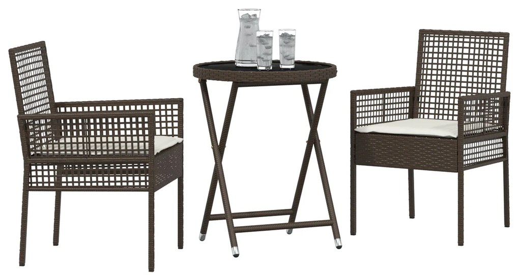 Set bistro da giardino 3 pezzi con cuscini marrone in polyrattan