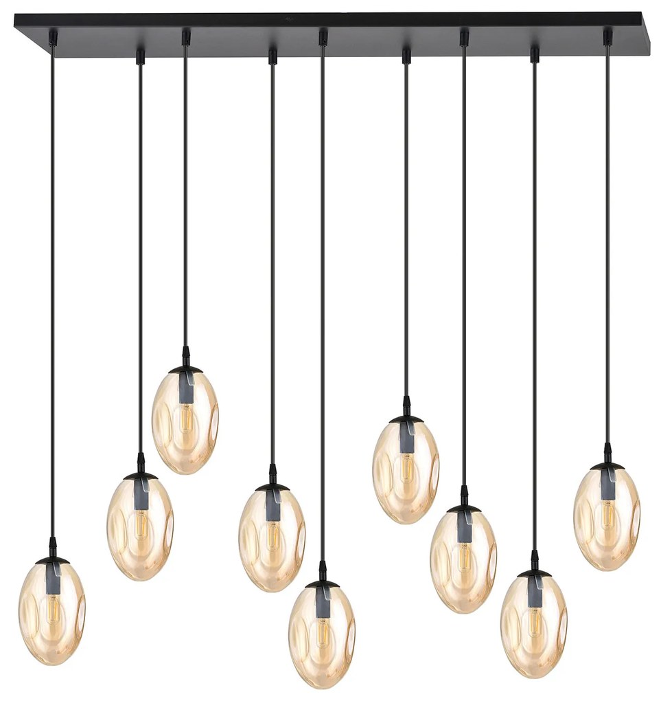 Sospensione Minimal 9 Luci Atalanta Acciaio Nero E Vetro Ambra