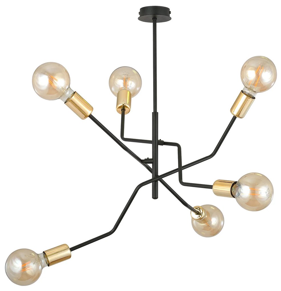 Sospensione Industrial 6 Luci Temi In Acciaio Nero E Oro Bracci Regolabili