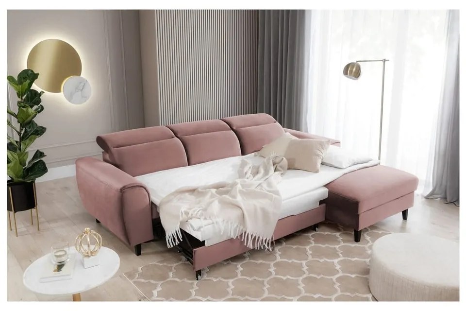 Divano angolare rosa allungabile/con contenitore (con penisola a destra/con chaise lounge) e rivestimento in velluto Foble – ELTAP