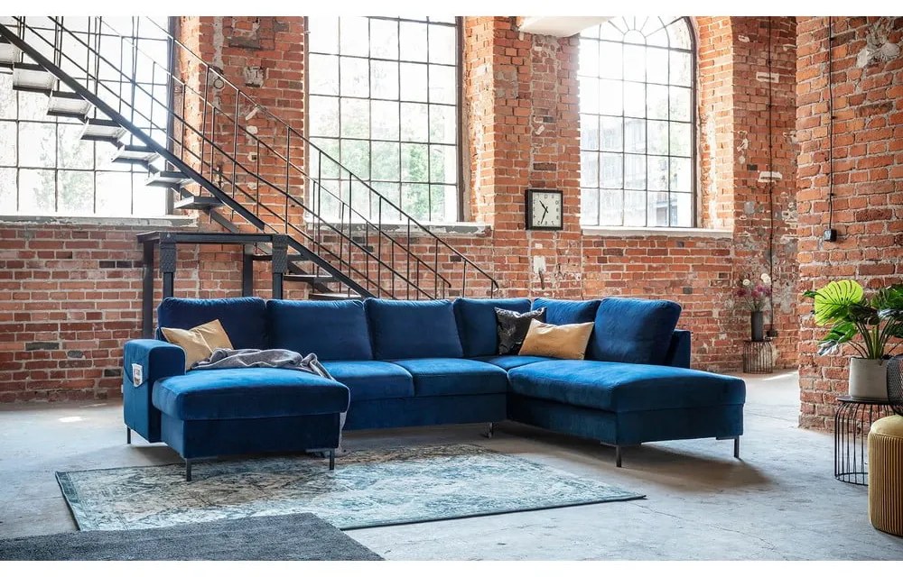 Divano letto a U in velluto blu navy, angolo destro Lofty Lilly - Miuform