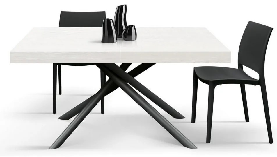 Tavolo CARRARA in legno, finitura bianco frassinato e base in metallo verniciato antracite, allungabile 140×90 cm – 220×90 cm
