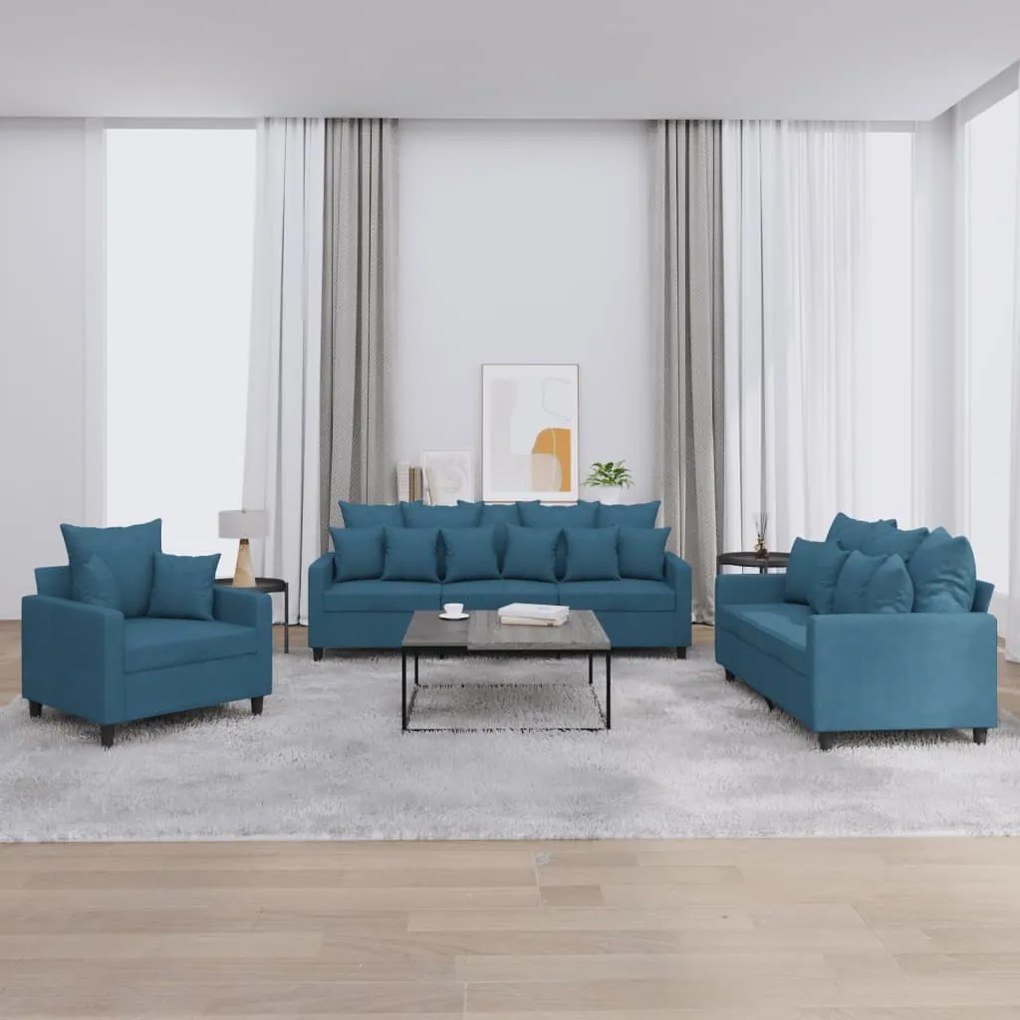 Set Di Divani 3 Pz Con Cuscini Blu İn Velluto /