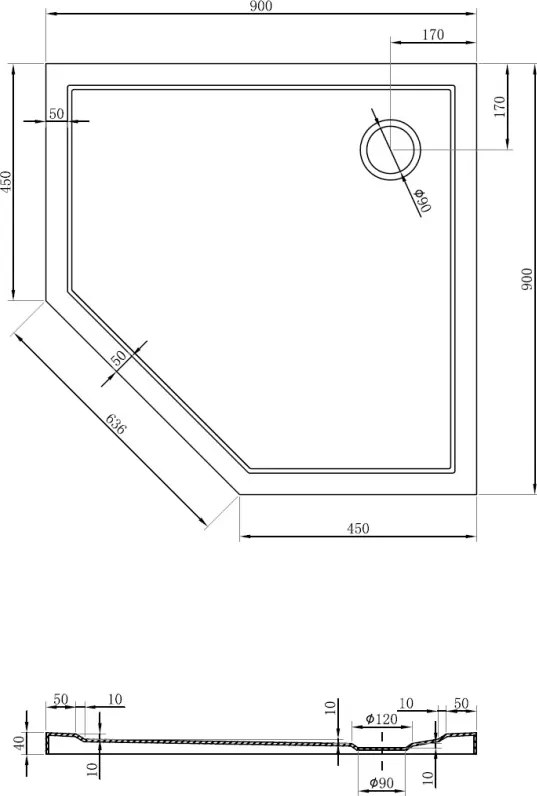 Mexen Flow piatto doccia pentagonale slim 90 x 90 cm, nero opaco - 46P709090