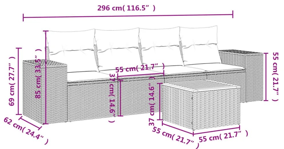 Set divano da giardino 5 pz con cuscini beige in polyrattan