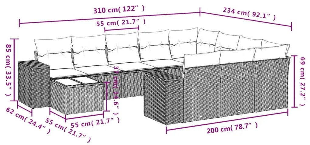 Set divani da giardino 11 pz con cuscini in polyrattan grigio