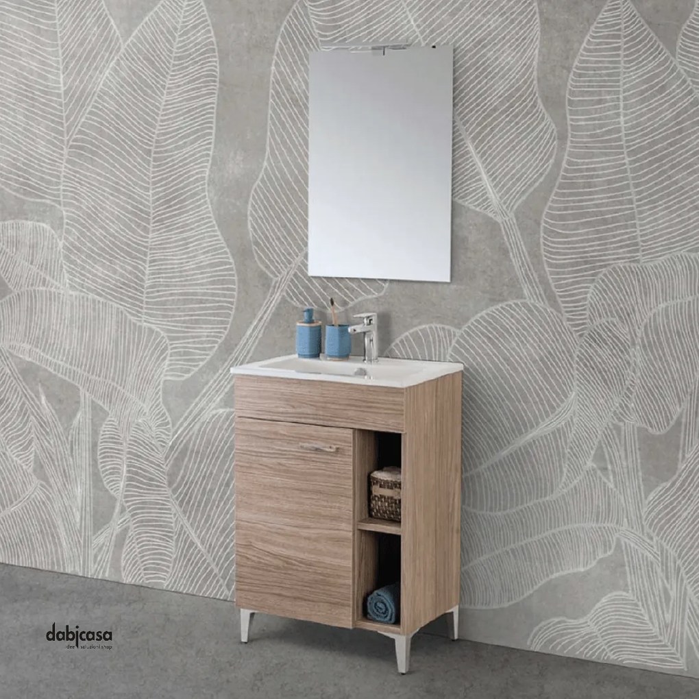 Mobile Bagno A Terra "Greta" Da 60 Cm Composto Da Un Anta e Vano a Giorno Lavabo E Specchio Con Lampada LedFinitura Rovere Tropea