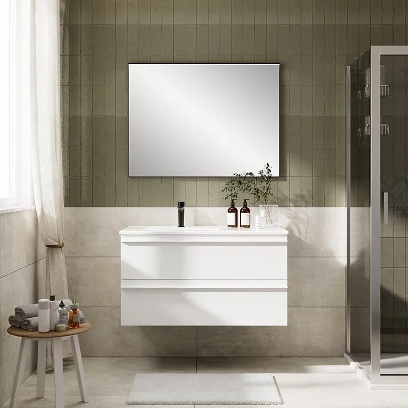 Mobile Linea L100 H55 P45 laccato bianco opaco 2 cassetti a chiusura ammortizzata con lavabo in ceramica vasca SX