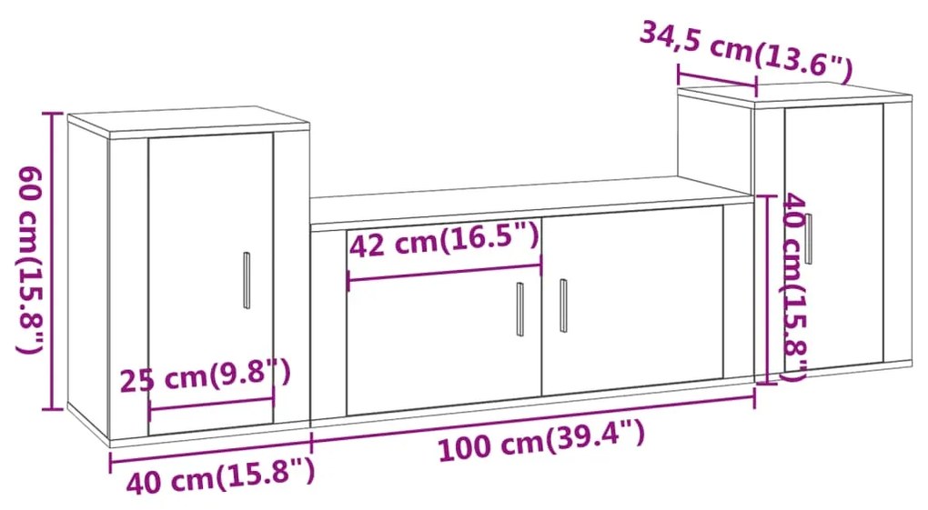 Set Mobili Porta TV 3 pz Rovere Fumo in Legno Multistrato