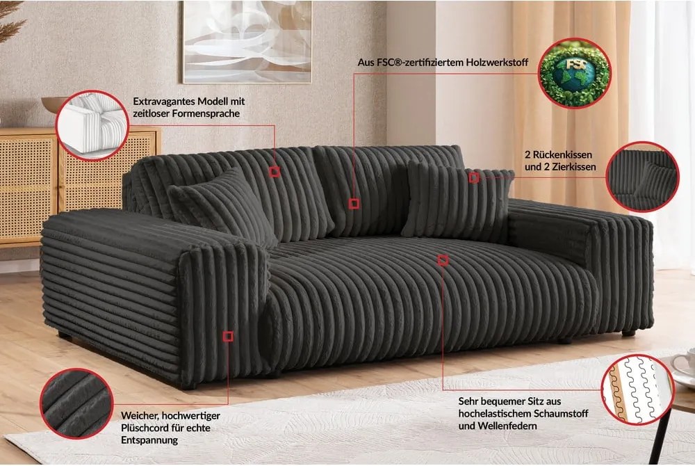 Divano grigio scuro con rivestimento in velluto a coste 213 cm Justin – Ropez