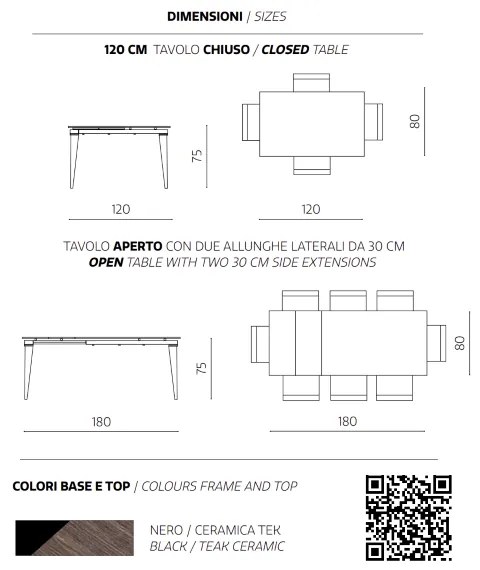 Tavolo allungabile 180 cm ULISSE con top grčs porcellanato effetto Legno Tek