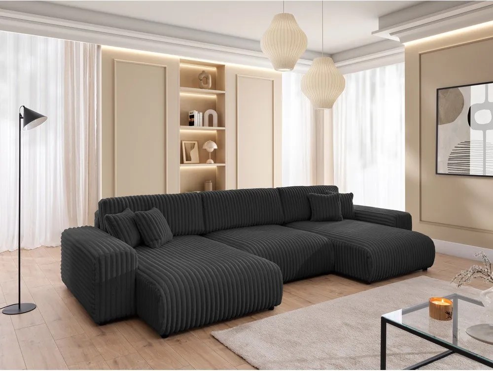 Divano angolare grigio scuro allungabile/con contenitore (a U) rivestito in velluto a coste Sarina – Ropez