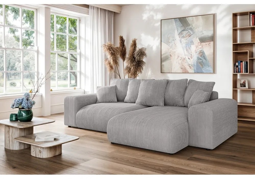 Divano angolare grigio chiaro allungabile/con contenitore (con composizione variabile) con rivestimento in velluto a coste Luma – Ropez