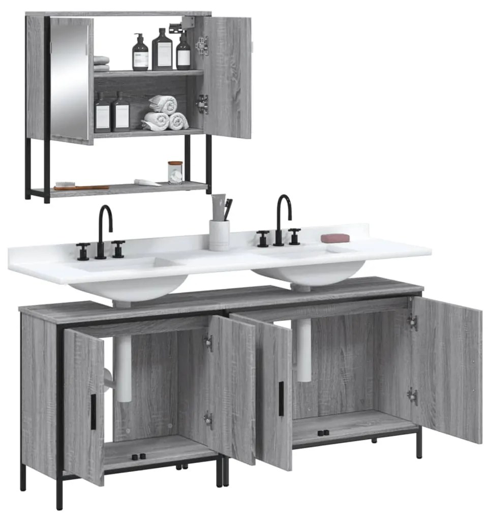 Set mobili da bagno 3 pz grigio sonoma in legno multistrato