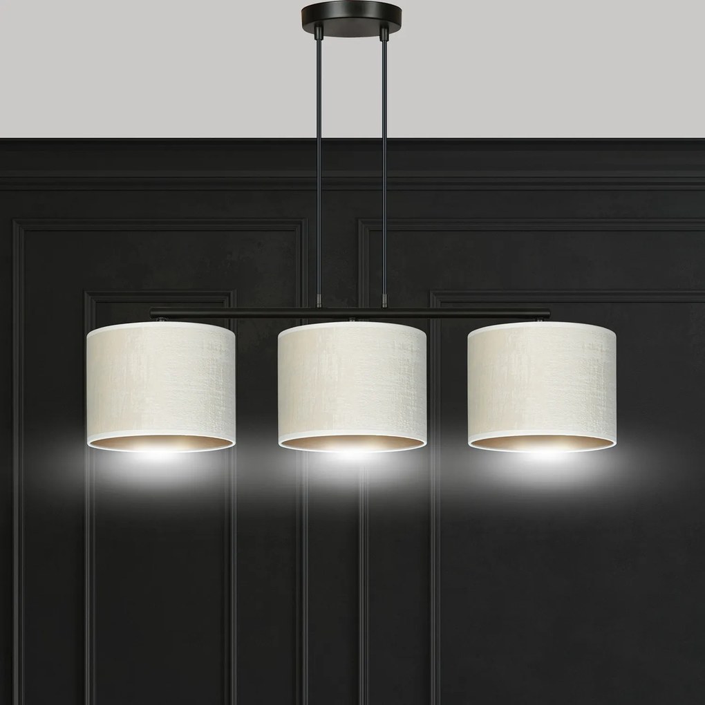 Lampadario 3 Luci Ganesha In Acciaio Nero E Paralumi In Tessuto Beige