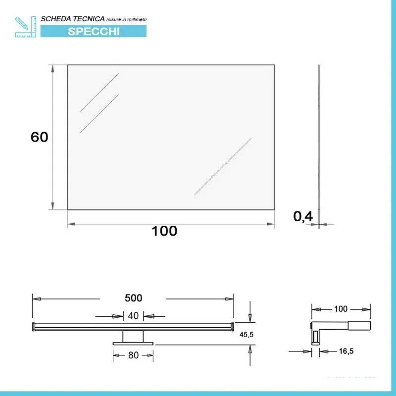 Specchio bagno 100x60 a filo reversibile con lampada naturale 50 cm