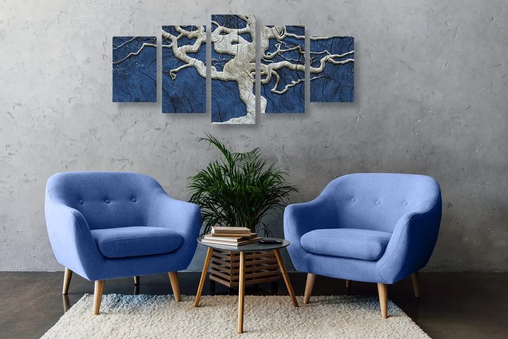 Quadri 5 pezzi – Albero astratto su legno con contrasto blu