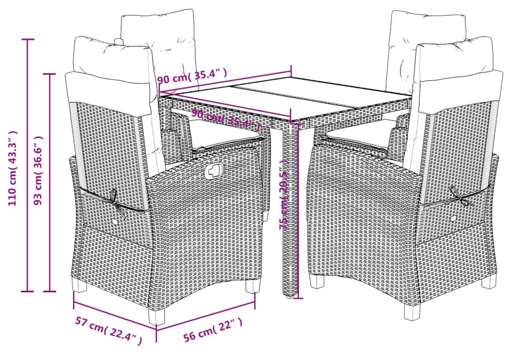 Set da Pranzo da Giardino 5 pz Nero con Cuscini in Polyrattan