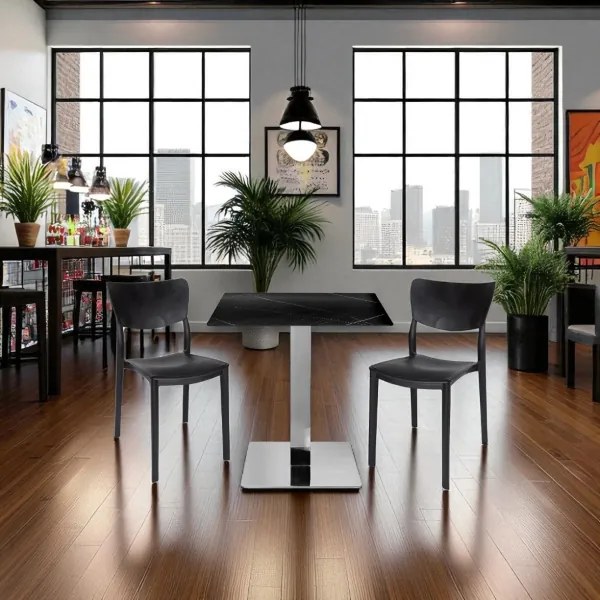 Tavolo pub ristorante bar 70x70 cm Top esterno HPL effetto Marmo NERO gamba argento H 74
