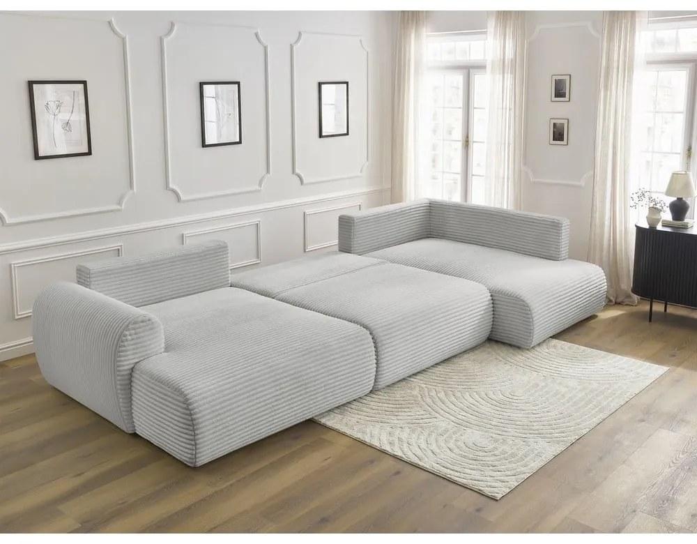 Divano angolare in grigio chiaro allungabile (con penisola a sinistra/a forma di "U") con rivestimento in velluto a coste Lucien – Bobochic Paris