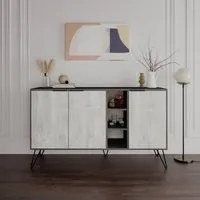 Credenza ElMasnou, Buffet moderno a 3 ante e piccoli vani a vista, Madia lineare da soggiorno con piedini, Mobile con ripiani, Cm 142x35h83, Bianco