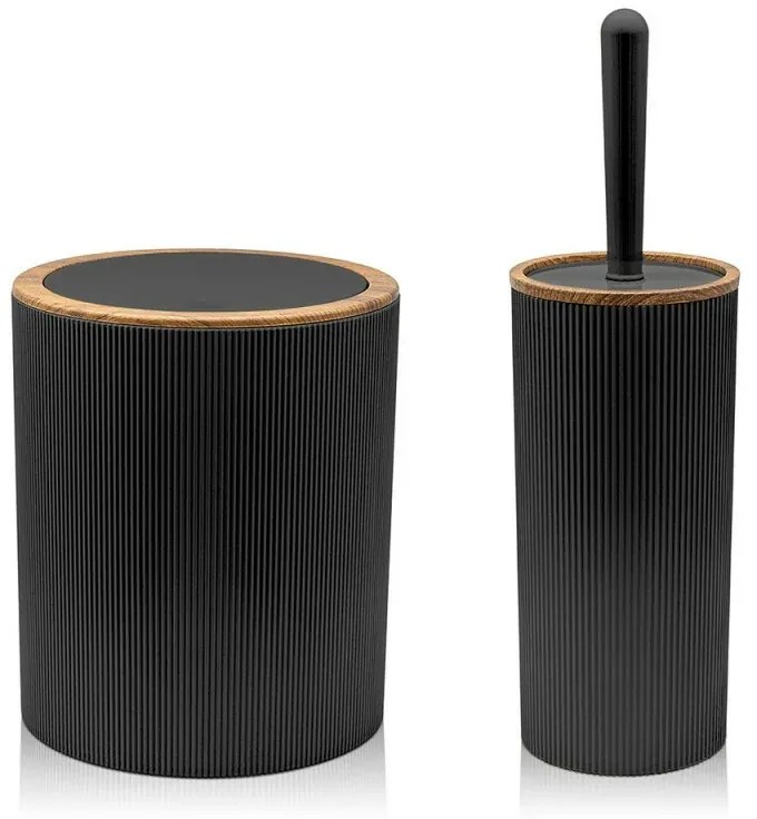 Set 2 pezzi Porta scopino e Pattumiera 5lt Nero dettagli effetto legno Blob