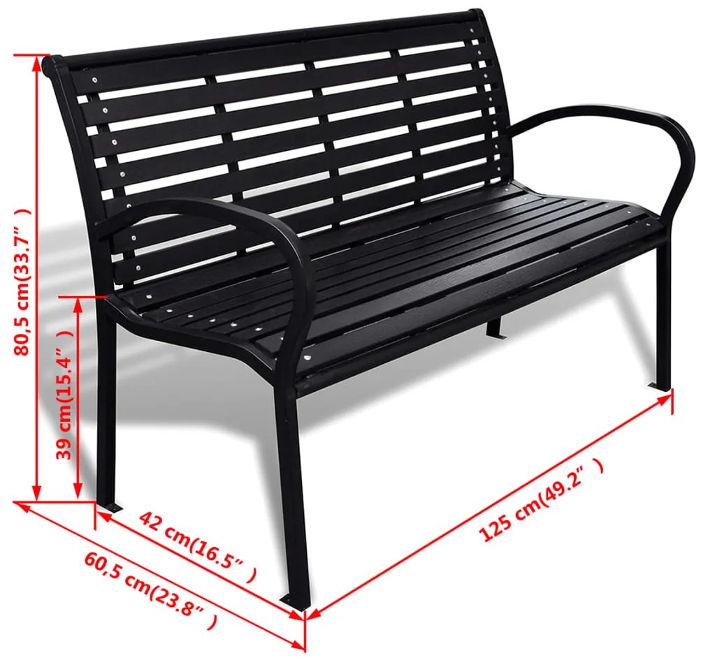 Panchina da giardino 125 cm in acciaio e wpc nera