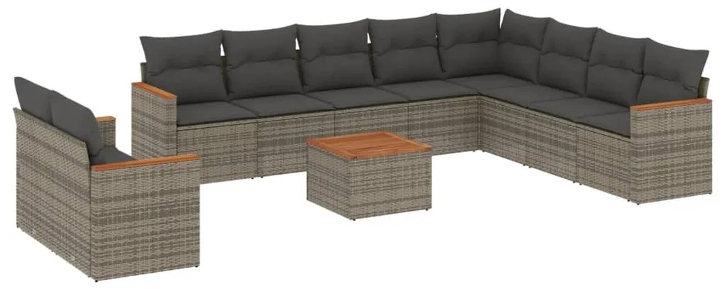 Set divani da giardino 11 pz con cuscini in polyrattan grigio