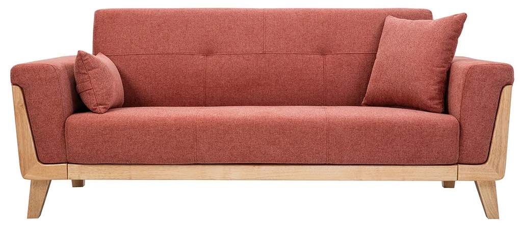 Divano scandinavo 3 posti in tessuto effetto velluto testurizzato color terracotta e legno chiaro FJORD